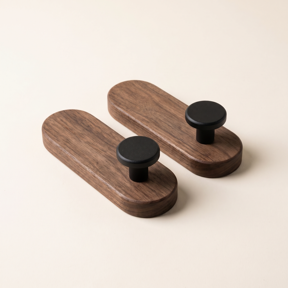 Walnut Wood Wall Hooks Set of 2, Self-Adhesive Coat and Towel Hooks for Entryway, Bedroom and Bathroom, No Drilling