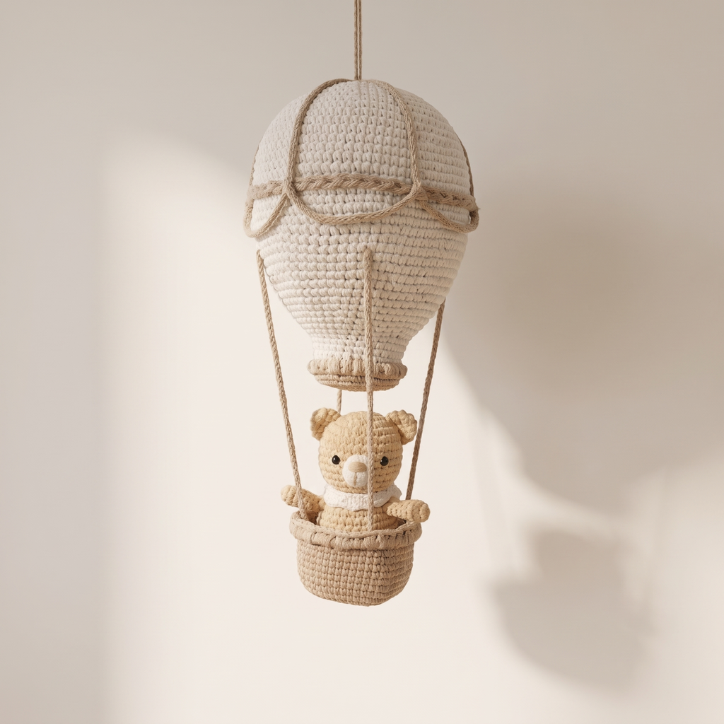 Crochet hot air balloon wall hanging, product photo
