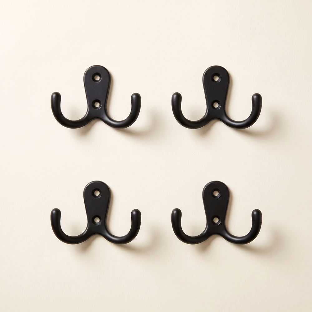 Wall Mounted Coat Hooks Set of 4, Two-Hole Metal Towel Hooks for Coats, Hats and Bags, Black or Gold