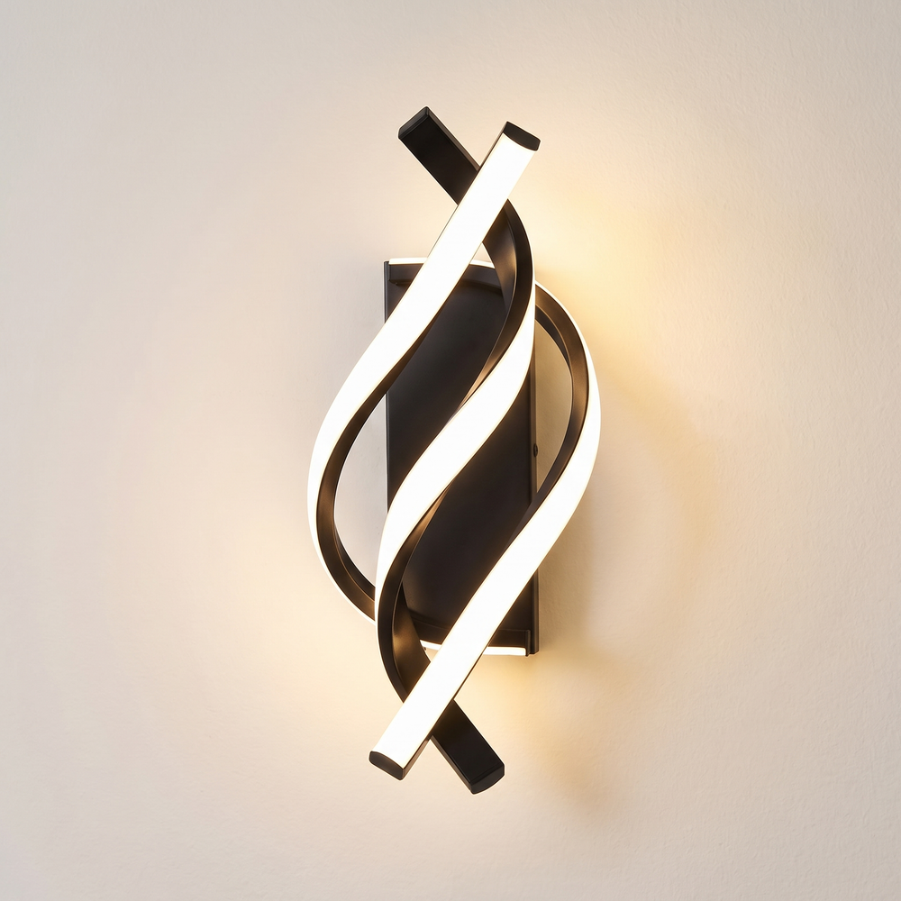 Spiral LED Wall Lamp, Curved Modern Sconce for Bedroom, Bedside, Corridor and Staircase, Three Light Colors, White or Black