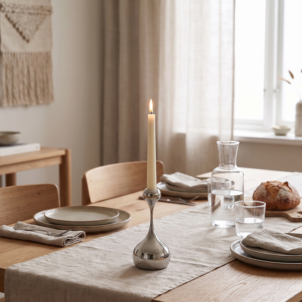 Silver Metal Candlestick Holder, lifestyle photo