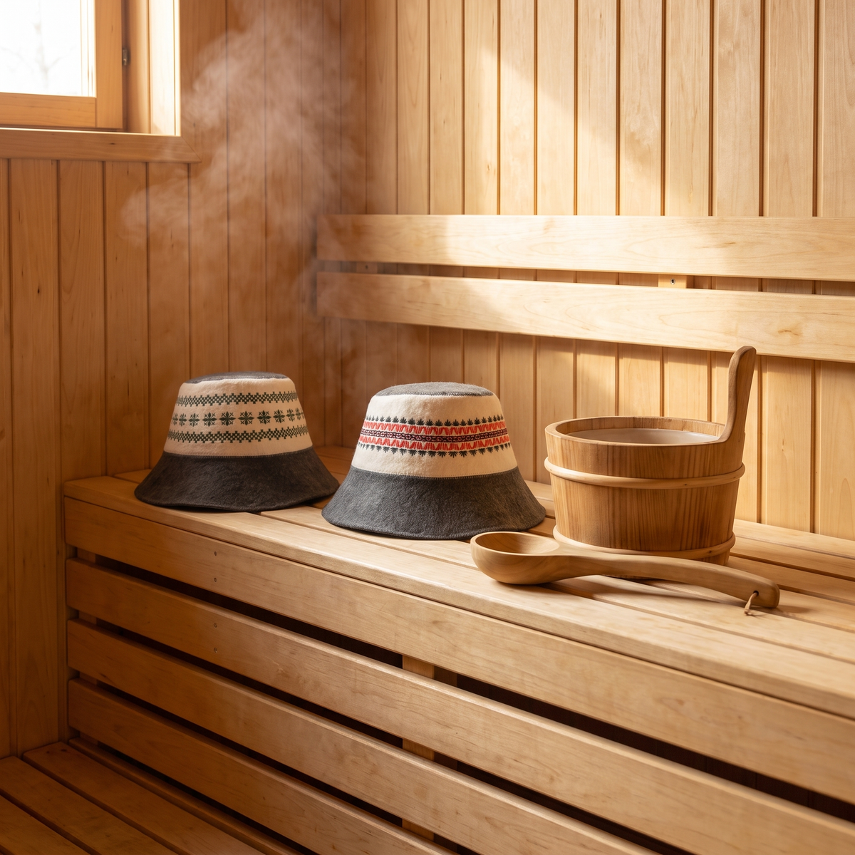 Wool Felt Sauna Hats Set of 2, lifestyle photo