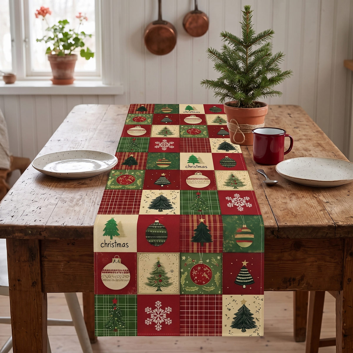 Christmas Table Runner with Plaid Trees and Baubles, lifestyle photo
