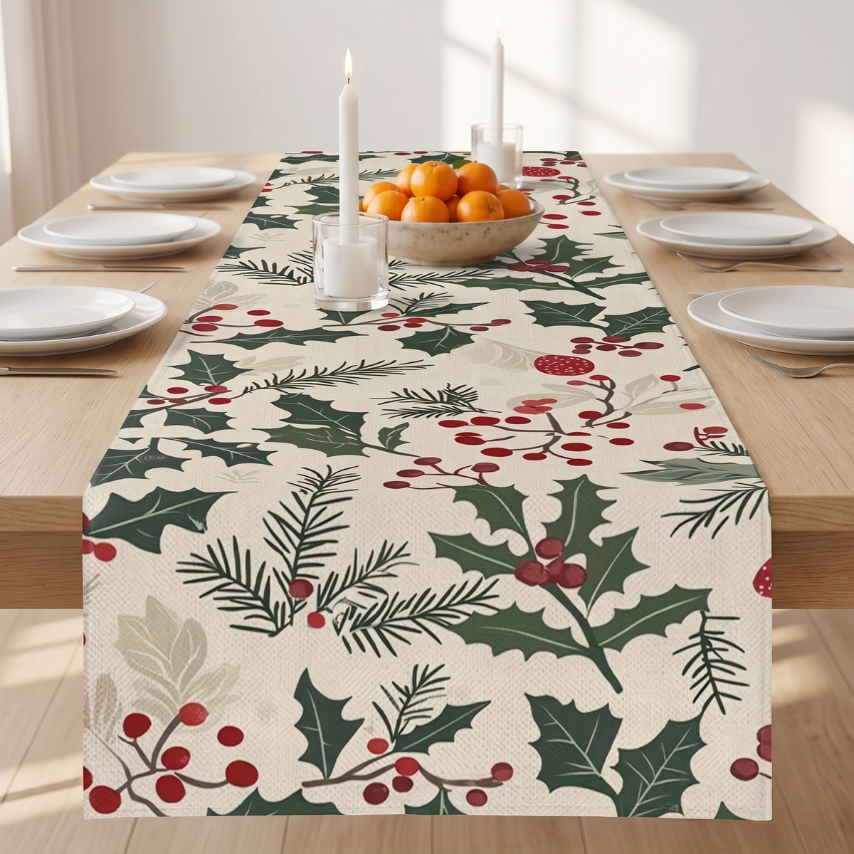 Christmas Table Runner with Holly and Berries, lifestyle photo