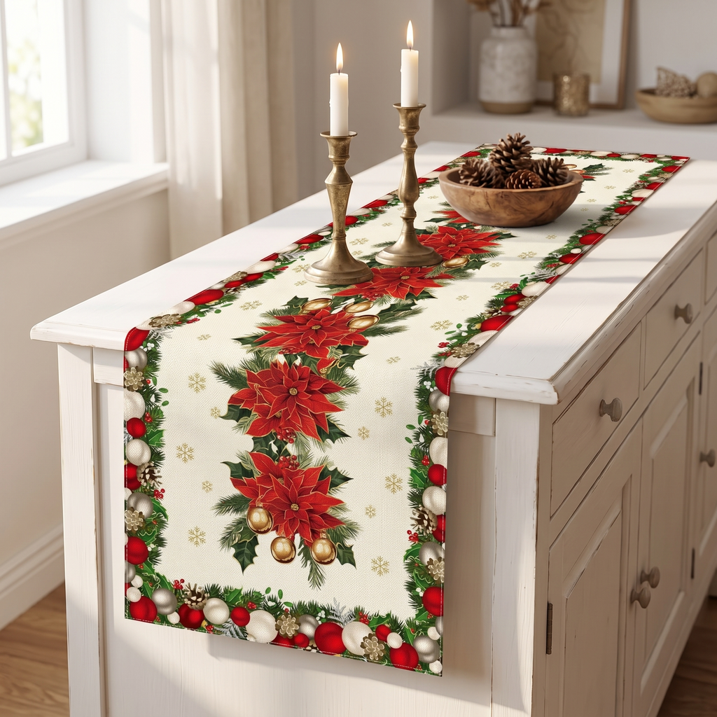 Christmas Table Runner with Poinsettias and Baubles, lifestyle photo