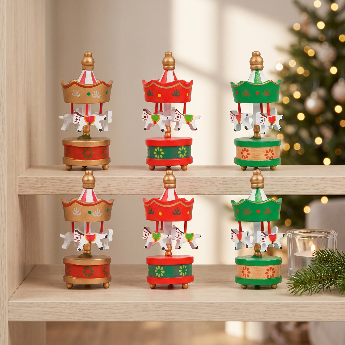 Wooden Carousel Horse Ornaments Set of 6, Christmas decoration, lifestyle photo