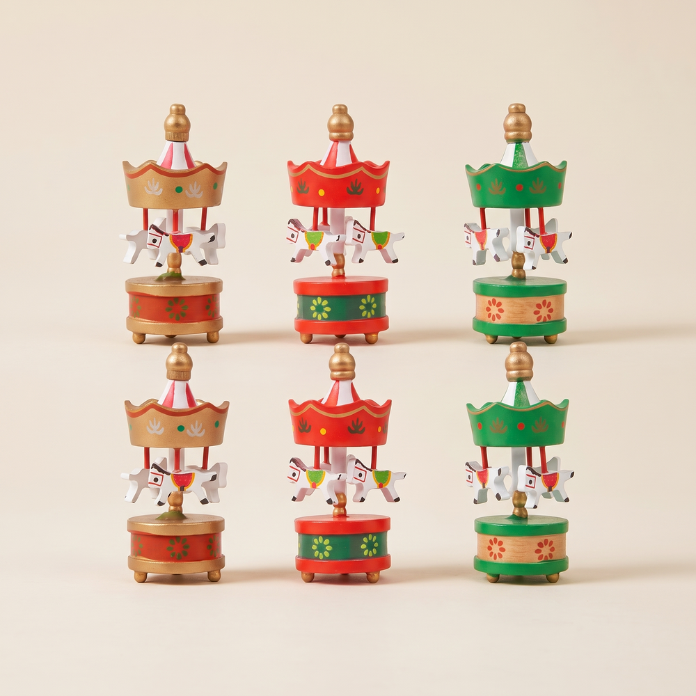 Wooden Carousel Horse Ornaments Set of 6, Miniature Christmas Tree Decorations in a Gift Box