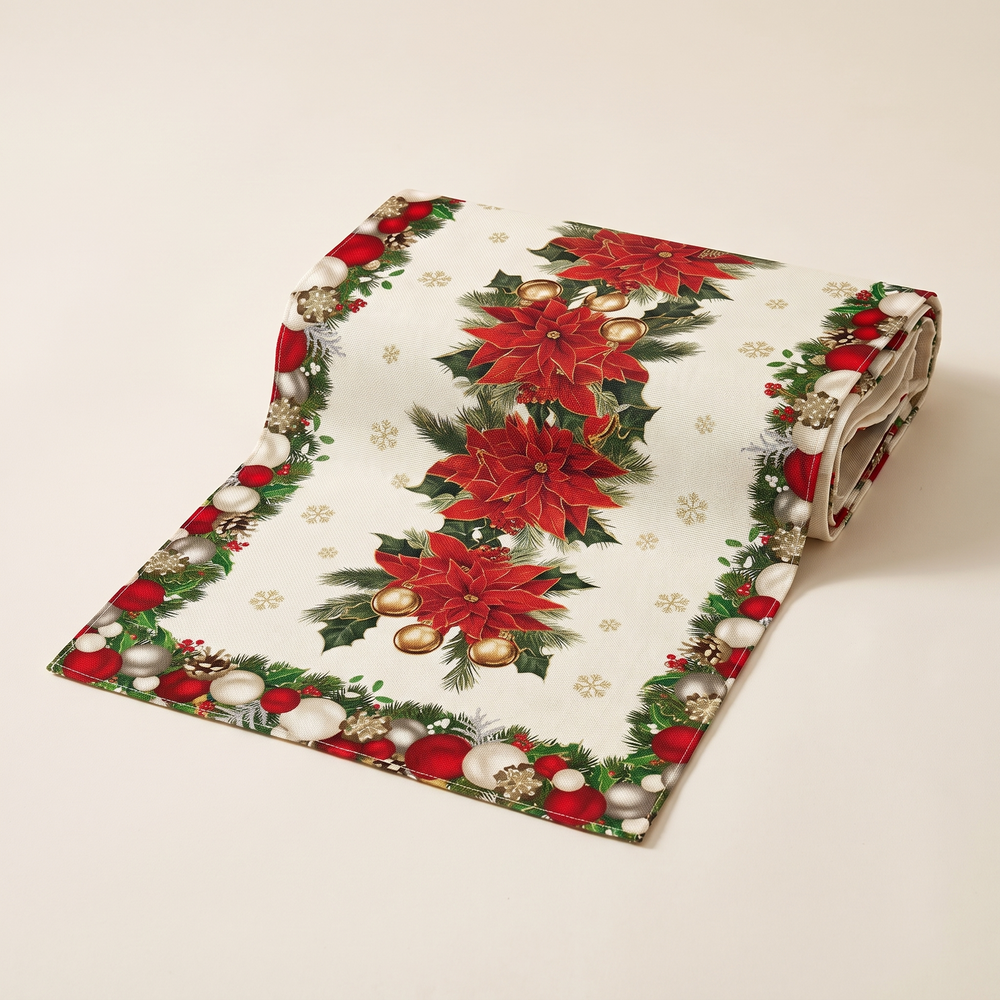 Christmas Table Runner with Poinsettias and Baubles, Linen Runner for Dining Table, Sideboard and Holiday Table, Four Lengths