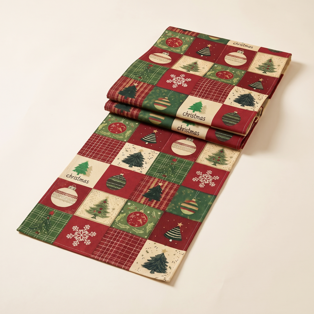 Christmas Table Runner with Plaid Trees and Baubles, lifestyle photo