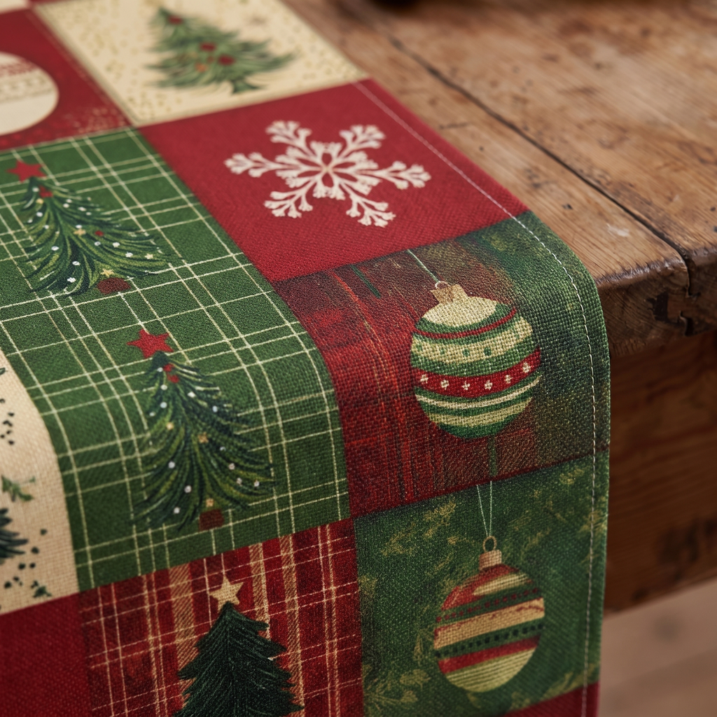Christmas Table Runner with Plaid Trees and Baubles, lifestyle photo