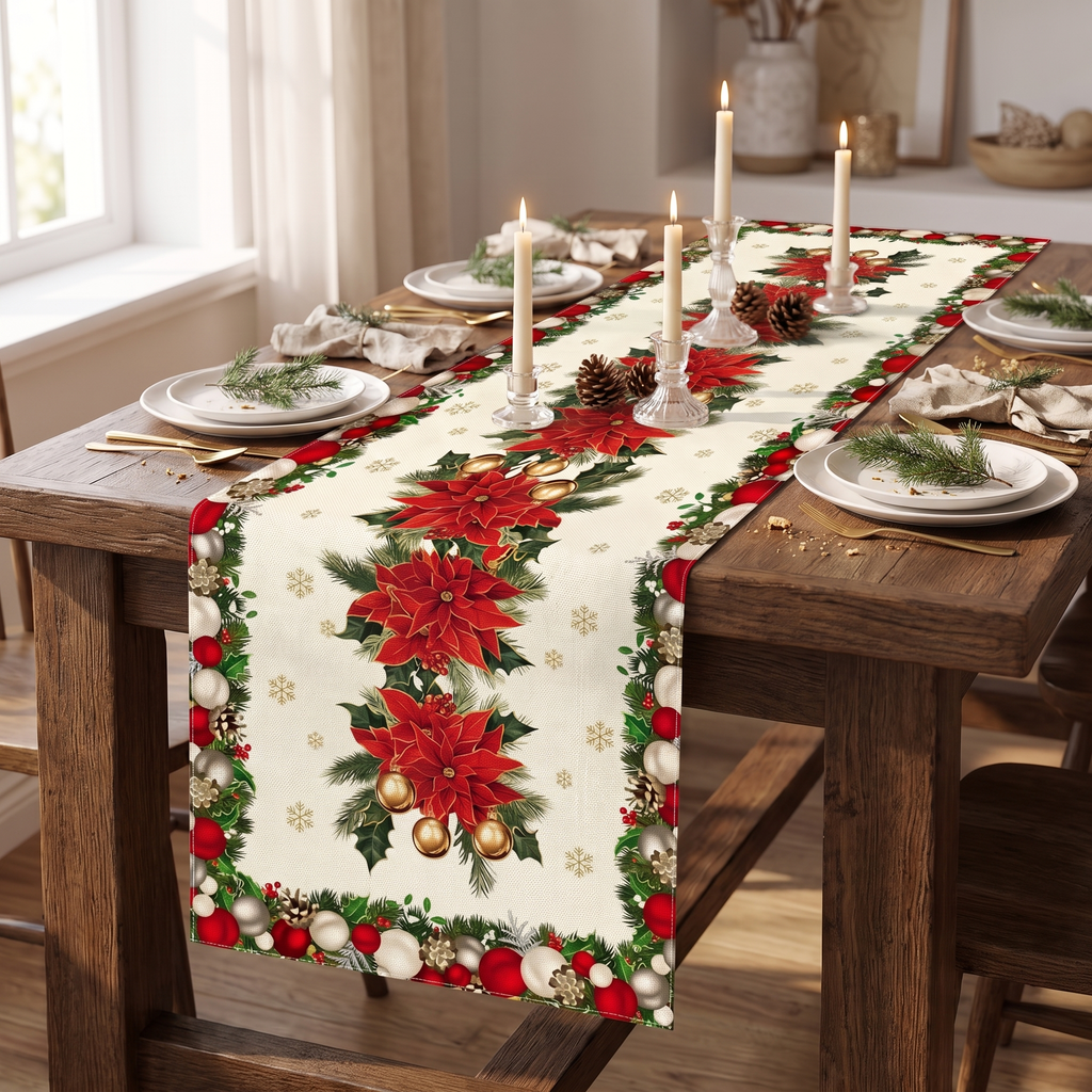 Christmas Table Runner with Poinsettias and Baubles, lifestyle photo