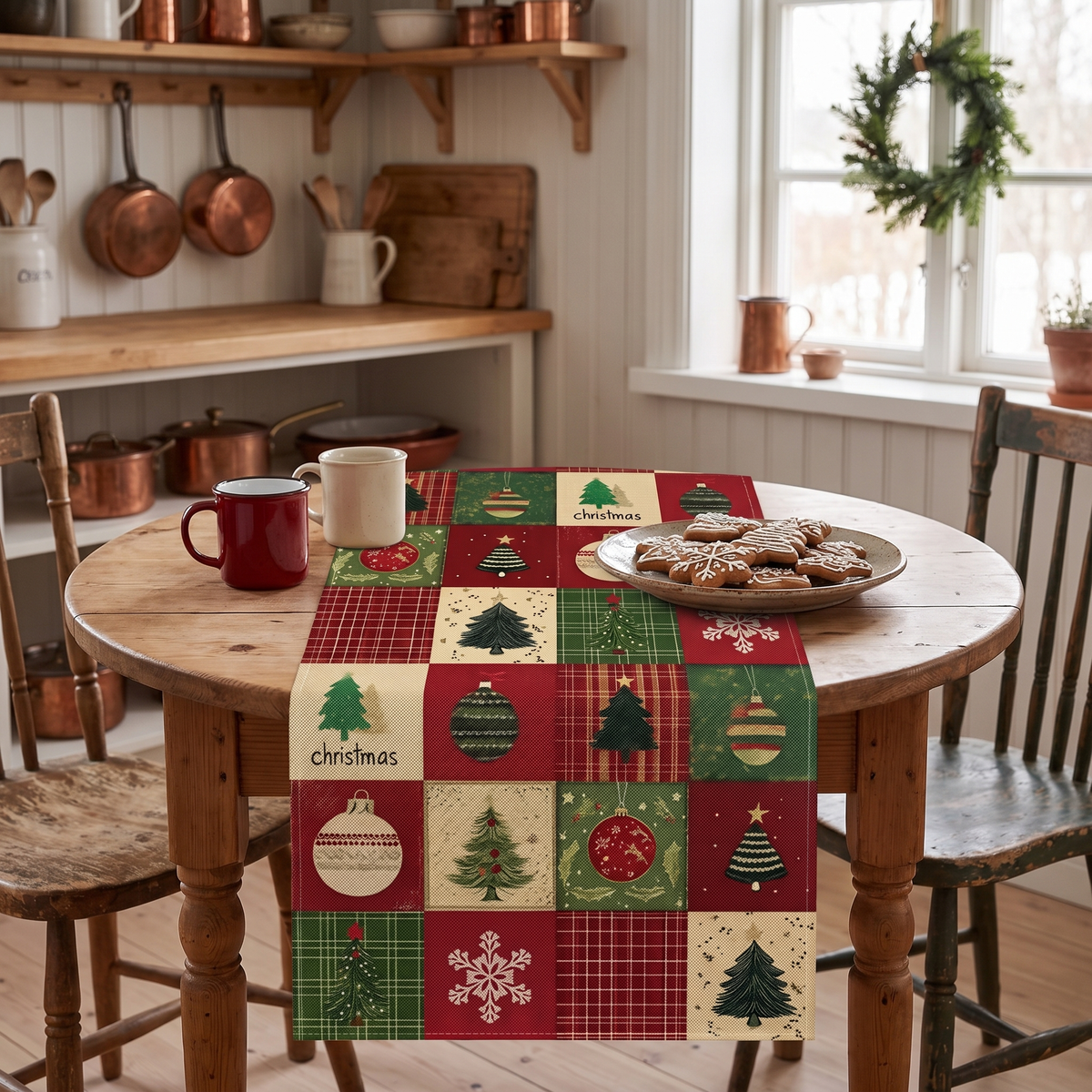 Christmas Table Runner with Plaid Trees and Baubles, lifestyle photo