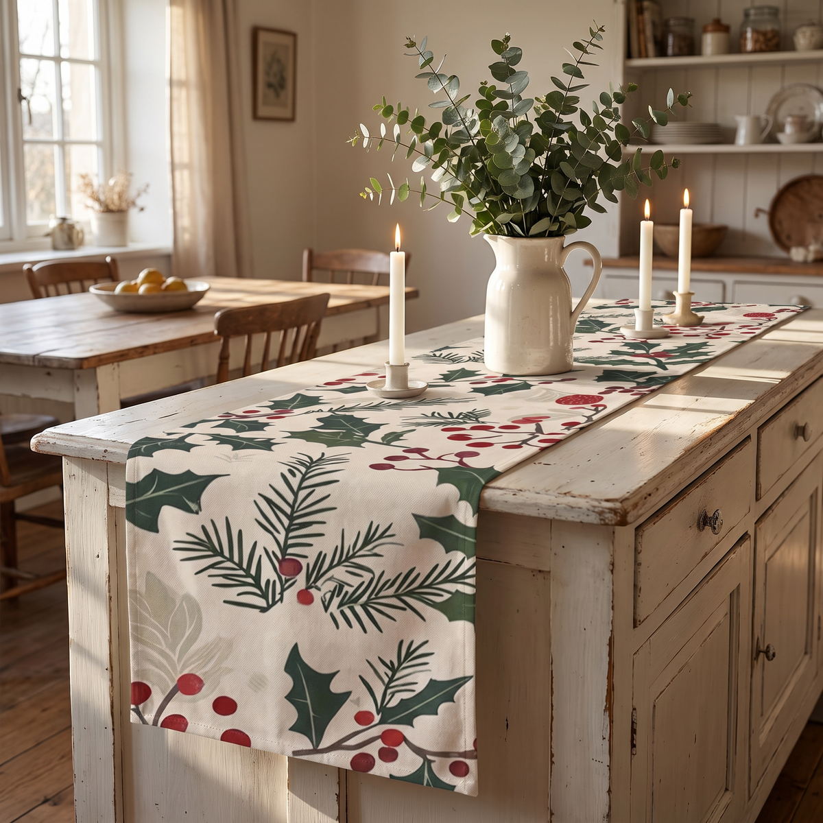 Christmas Table Runner with Holly and Berries, lifestyle photo