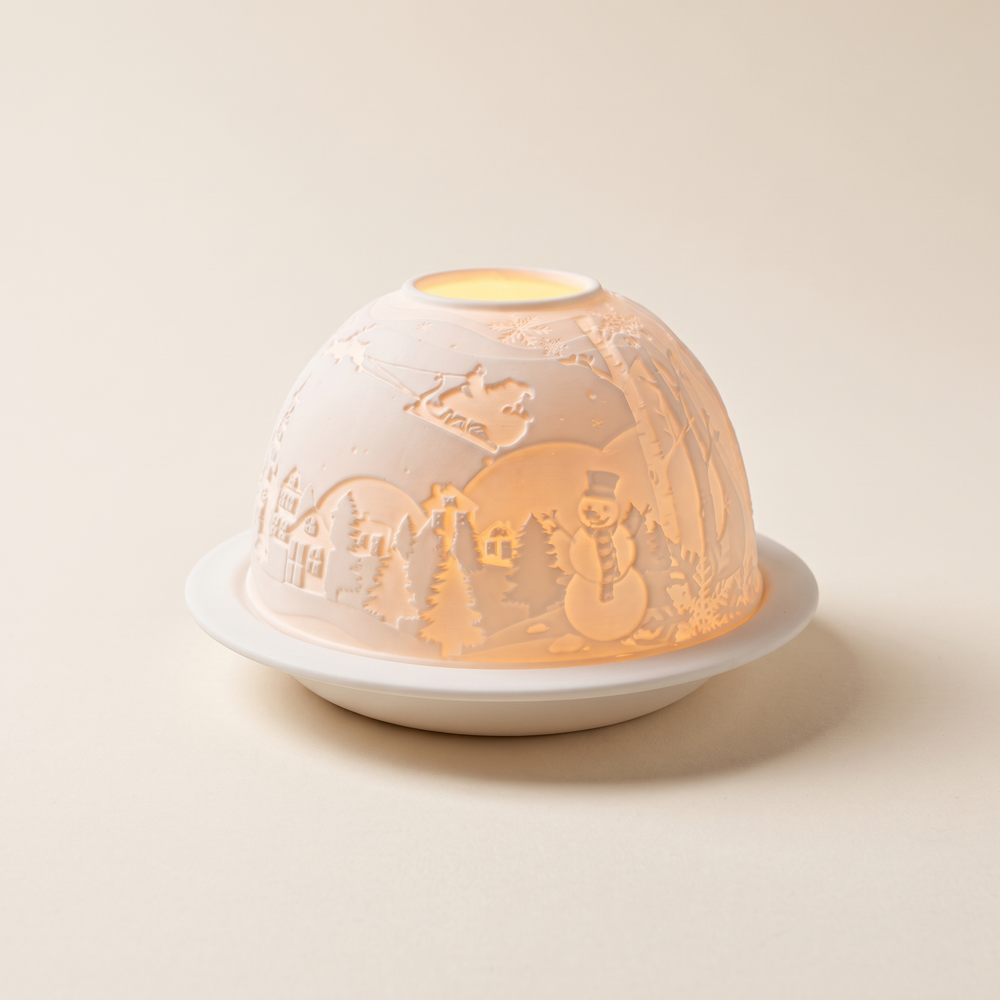 Ceramic Tealight Dome with Snowman and Reindeer, Christmas Candle Holder for Table, Mantel and Windowsill