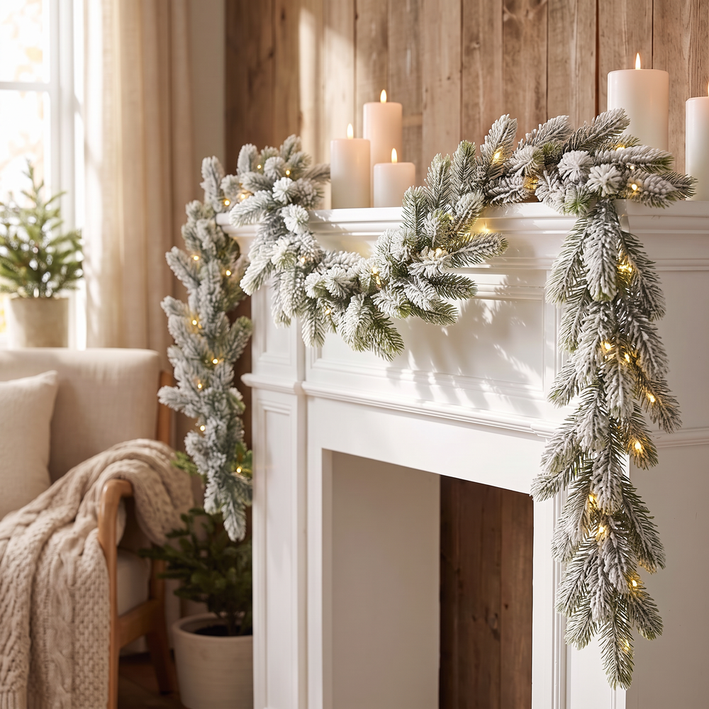 Frosted Christmas Garland, Snowy Pine Garland for Mantel, Staircase and Doorway, With or Without LED Lights