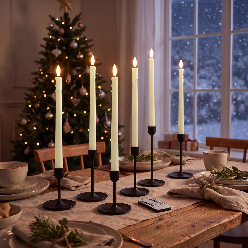 Flameless LED Taper Candles with Remote, Flickering Battery Candlesticks for Christmas Table and Mantel, White or Ivory, Set of 6 or 12
