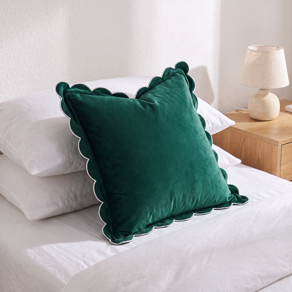 Velvet Pillow Cover with Scalloped Edge, Soft Throw Pillow Case for Sofa and Bed, 45 x 45 cm, Sage, Grey, Emerald Green or Brown