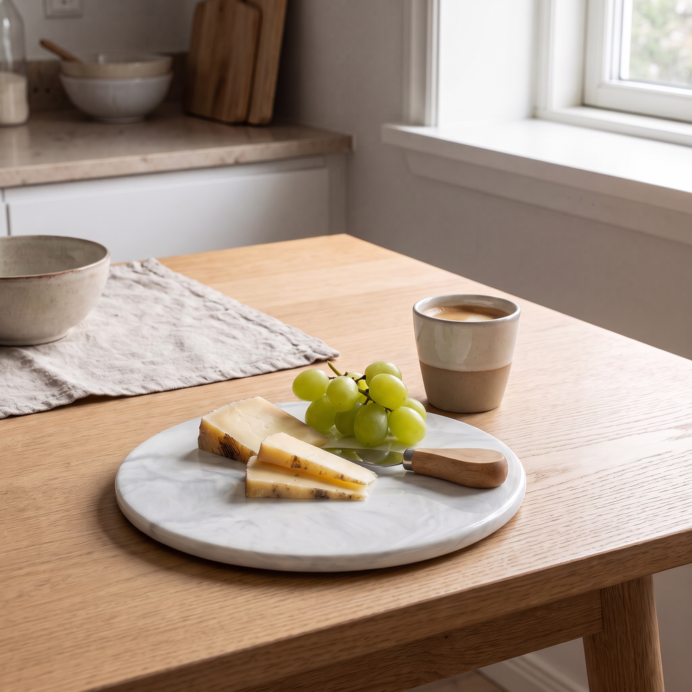 Round Marble-Look Ceramic Cheese Board, Serving Plate for Cheese, Pastry and Charcuterie, Three Sizes
