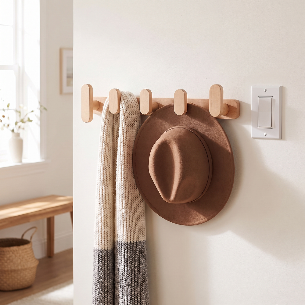 Wooden Wall Hooks, No-Drill Nordic Clothes and Hat Hooks for Entryway and Bedroom, 3 to 6 Hooks