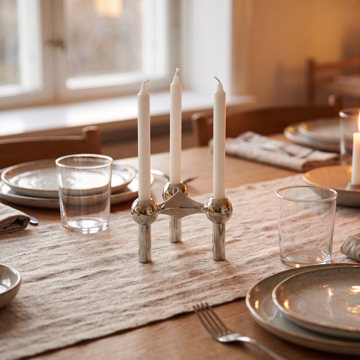 Silver molecular candle holder, lifestyle photo
