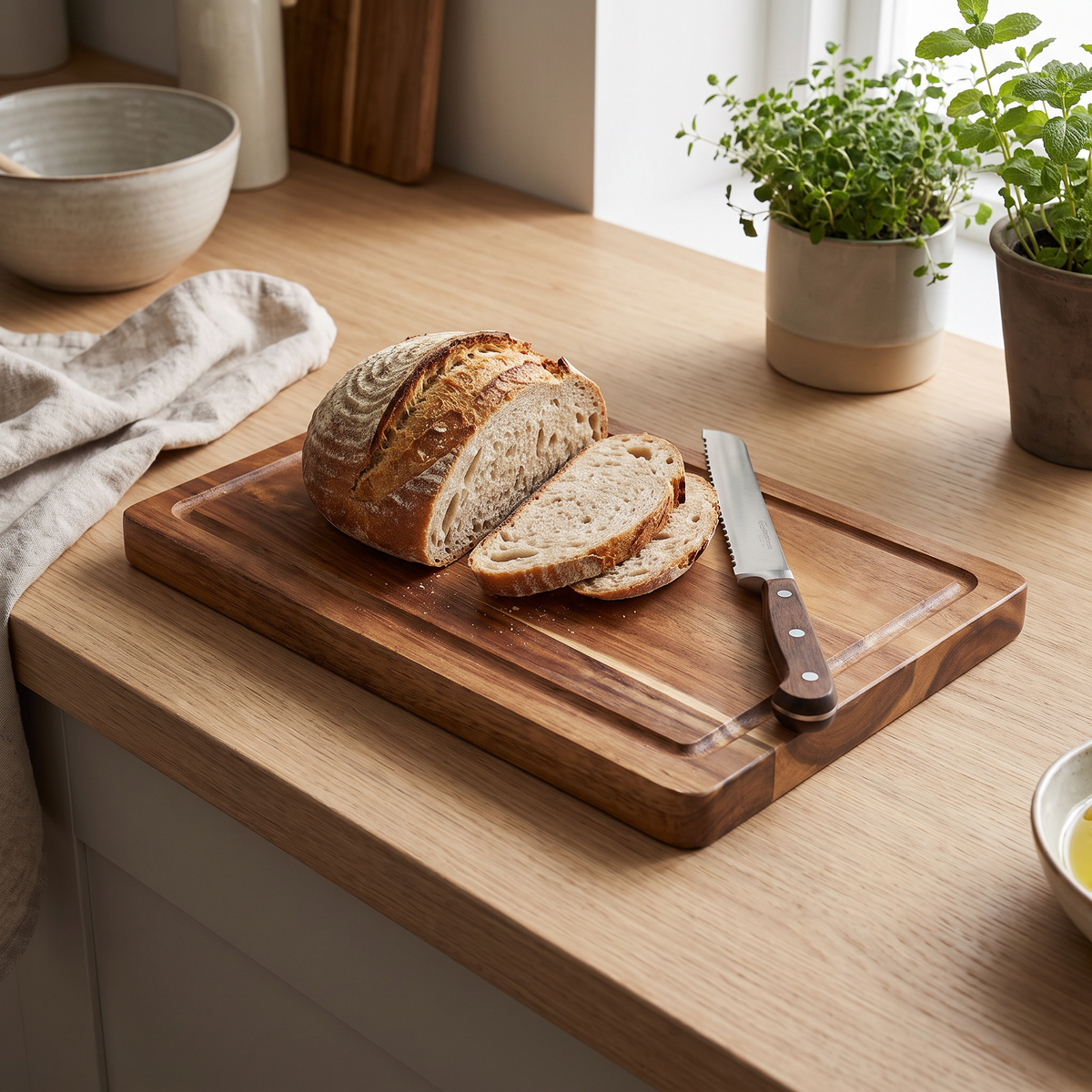 Acacia wood cutting board with juice groove, lifestyle photo